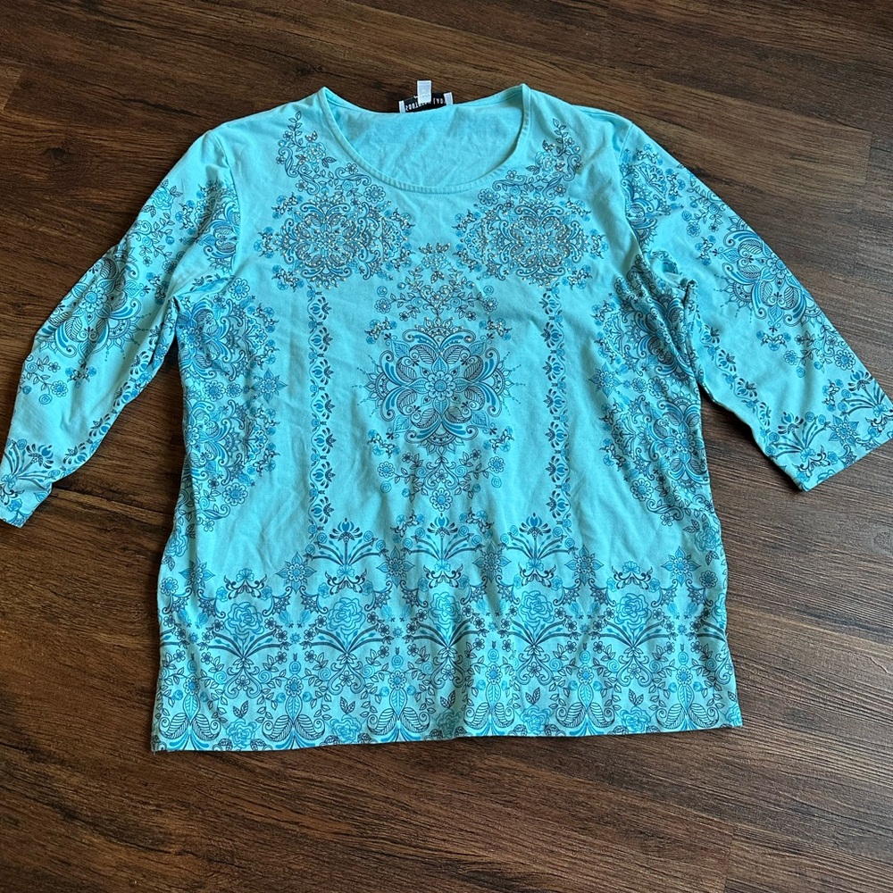 Medium Southern Lady Bedazzled / Beaded Elegant Blue Paisley Women's Top